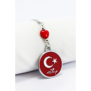 Dikiz Ayna Süsü, Metal Kırmızı Yuvarlak Türk Bayrağı, Kırmızı Cam Kalpli