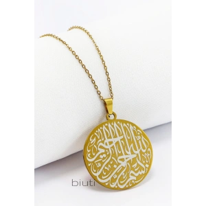 Paslanmaz 316L Gold Renkli Çelik Kolye Çift Taraflı İnşirah Suresi Besmele 3cm