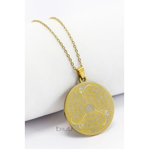 Gold 316L Çelik Kolye Lazer Kazıma Çift Yönlü İnşirah Suresi / Felak Nas İhlas 3cm