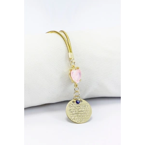 Parlak Taşlı Pembe Kalp Metal Ayetel Kürsi Nazar Boncuğu Araba Dikiz Ayna Süsü Gold Renkli