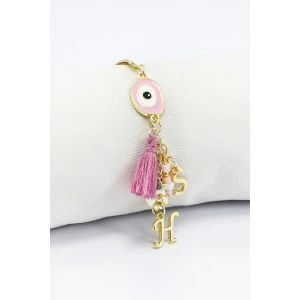 Pembe Nazar Boncuğu Gold Renkli İki Harfli Püsküllü Araba Dikiz Ayna Süsü /Aile Araba Hediyesi