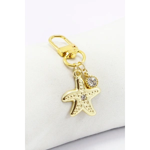 Taşlı Yıldız Tek Taş Gold Renkli Klipsli Cüzdan Süsü Charm Çanta Süsü Anahtarlık