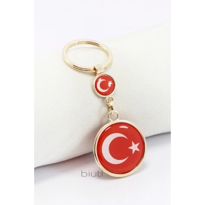 Türk Bayrağı Kırmızı Anahtarlık, Çift Bayraklı Rose Gold Renkli