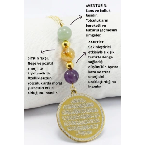 Gold Renkli Çelik Çift Taraflı Ayetel Kürsi Felak Nas İhlas Araba Dikiz Ayna Süsü, Doğal Taş Aventurin, Sitrin, Ametist