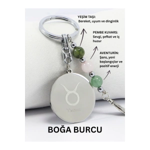 Boğa Burcu Doğal Taşlı Çelik Burç Anahtarlık, Pembe Kuvars, Yeşim ve Aventurin