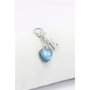Metal E Harfi Mavi Kalpli Klipsli Cüzdan Süsü Charm Gold Renkli Çanta Süsü