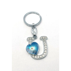 Metal Kristal Taşlı Harf Anahtarlık , U Harfi