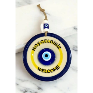 Nazar Boncuklu Seramik Hoşgeldiniz, Welcome Yazılı Hediyelik Dekor, Duvar Süsü
