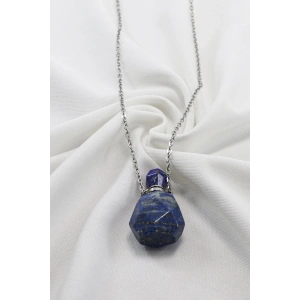 Paslanmaz Çelik Zincirli Lapis Lazuli Doğal Taşlı Parfüm Şişesi Kolye, Hediyelik Aksesuar (60 cm)