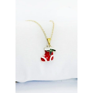 Gold Zincirli Yılbaşı Çizme Figürlü Kolye, Hediyelik Christmas Kolye (45 cm)