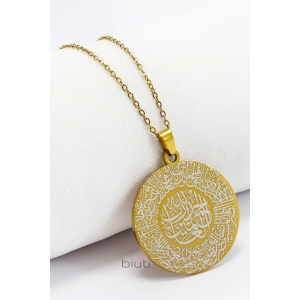 Paslanmaz Çelik Çift Taraflı Kişiselleştirilebilir Hat Fatiha Sure Yazılı Kolye Gold Plaka 3,5cm