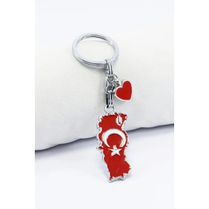 Kırmızı Kalpli Bayrak Desenli Türkiye Haritası Anahtarlık, Hediyelik Küçük Çanta Süsü