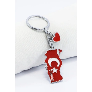 Kalpli Kırmızı Türk Bayraklı Ay Yıldız Türkiye Yazılı Harita Anahtarlık, Küçük Çanta Süsü