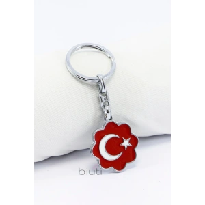 Çiçekli Kırmızı Türk Bayrağı Metal Anahtarlık, Küçük Çanta Süsü