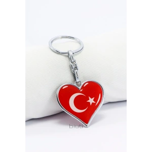 Kırmızı Kalp Türk Bayrağı Çift Taraflı Metal Anahtarlık, Hediyelik Çanta Süsü
