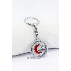 Gümüş Renkli Metal Çerçeveli Türk BayrağıKırmızı Ay Yıldız Metal Anahtarlık