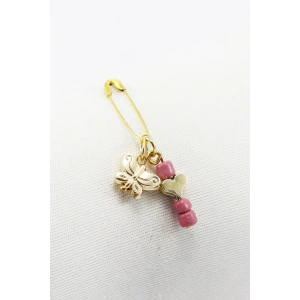 1 Adet Pembe Boncuklu Metal Kelebek ve Kalpli Çengelli İğne, Mevlit,Düğün, Gelin Bohçası Gold Renkli