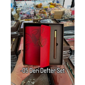 Yaprak Desenli Deri Defter Kalem Set
