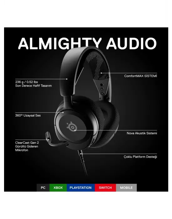 STEELSERİES ARCTİS NOVA 1 SİYAH KABLOLU KULAK ÜSTÜ OYUNCU KULAKLIĞI