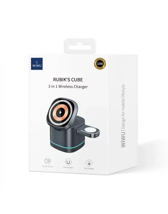 WİWU Wİ-W024 RUBİK KÜP AMBİYANS IŞIKLI TELEFON&AKILLI SAAT&KULAKLIK İÇİN 15W 3İN1 KABLOSUZ ŞARJ STANDI
