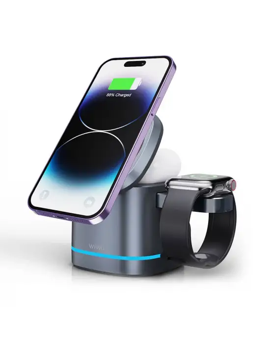 WİWU Wİ-W024 RUBİK KÜP AMBİYANS IŞIKLI TELEFON&AKILLI SAAT&KULAKLIK İÇİN 15W 3İN1 KABLOSUZ ŞARJ STANDI