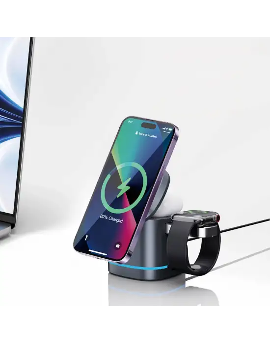 WİWU Wİ-W024 RUBİK KÜP AMBİYANS IŞIKLI TELEFON&AKILLI SAAT&KULAKLIK İÇİN 15W 3İN1 KABLOSUZ ŞARJ STANDI