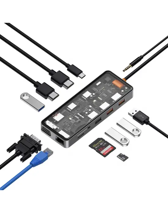 WİWU CB012 CYBER 12 İN 1 TYPE-C HUB 100W ŞARJ DESTEKLİ ŞEFFAF GÖRÜNÜMLÜ SD KART-RJ45-HDMİ-VGA-USB ÇOĞALTICI