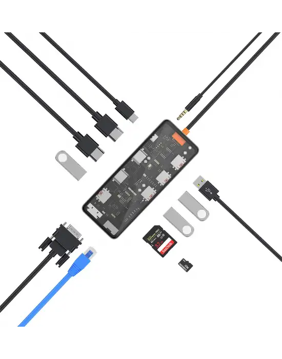 WİWU CB012 CYBER 12 İN 1 TYPE-C HUB 100W ŞARJ DESTEKLİ ŞEFFAF GÖRÜNÜMLÜ SD KART-RJ45-HDMİ-VGA-USB ÇOĞALTICI
