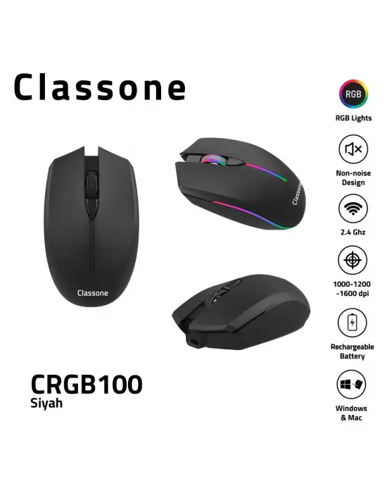 CLASSONE CRGB100 RGB ŞARJLI OPTİK KABLOSUZ MOUSE SİYAH