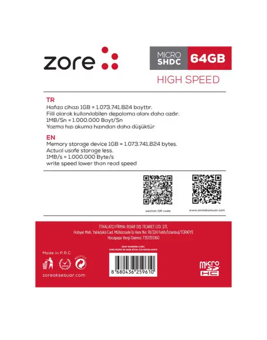 ZORE MİCRO SD HAFIZA KARTI 64GB