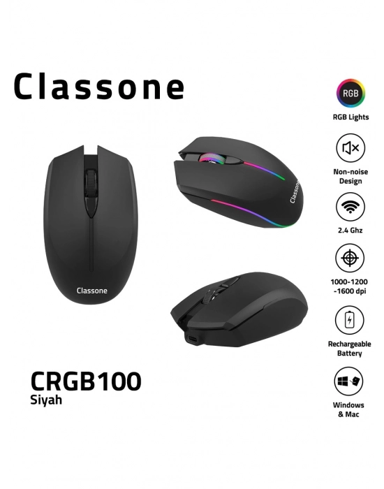 CLASSONE CRGB100 RGB ŞARJLI OPTİK KABLOSUZ MOUSE SİYAH