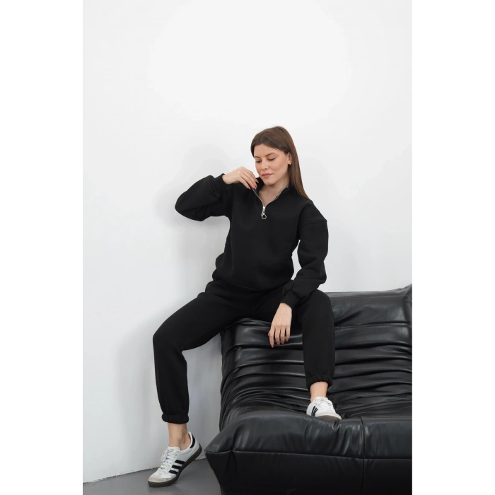 3 iplik içi Şardonlu yarım fermuarlı alt üst takım siyah