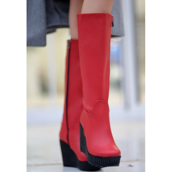 Atiya Kırmızı Cilt Dolgu Topuk Çizme