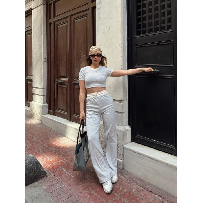 Crop pantolon biyeli takım gri