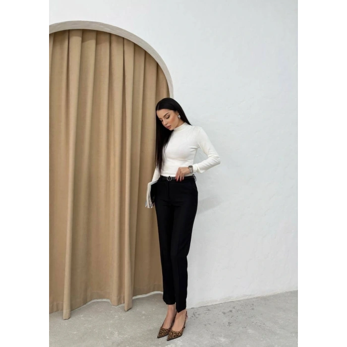 Dar paça kemerli kumaş pantolon siyah pt53