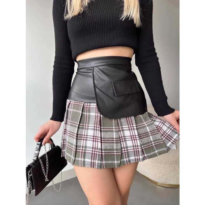 Deri garnili cepli ekose etek siyah s24604