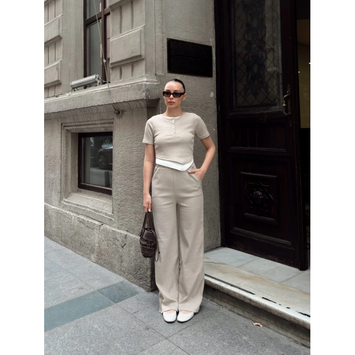 Düğme yakalı bej alt üst takım s3943