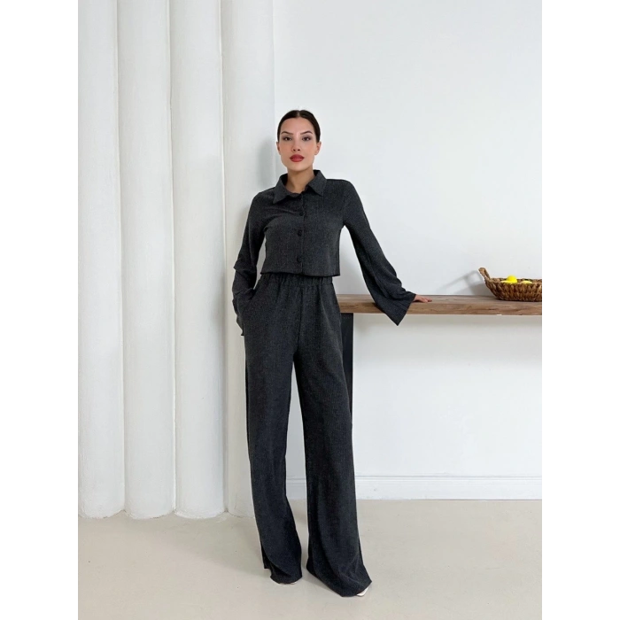 Gömlek yaka kaplama düğmeli takım antrasit st265866