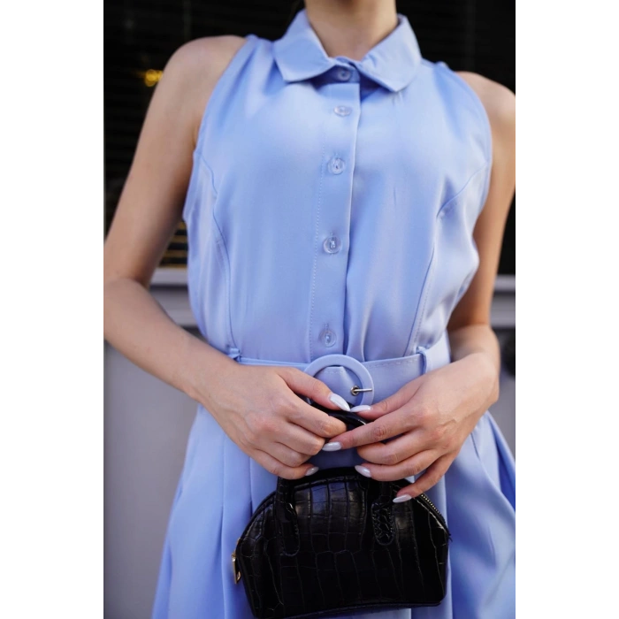 Gömlek yaka kemerli elbise mavi s255061