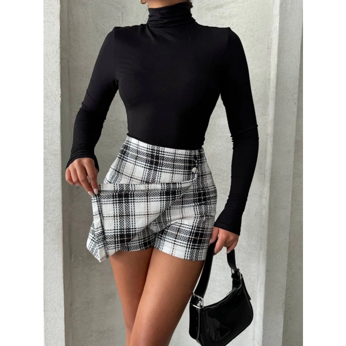 İki düğmeli şort ch kumaş etek ekoseli siyahbeyaz h26414