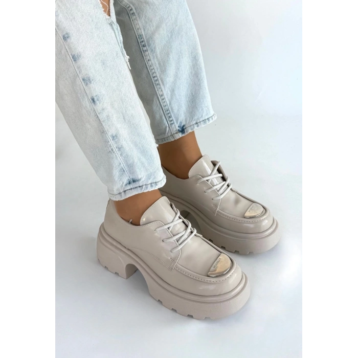 Kiya Bej Rugan Dolgu Topuk Oxford Ayakkabı