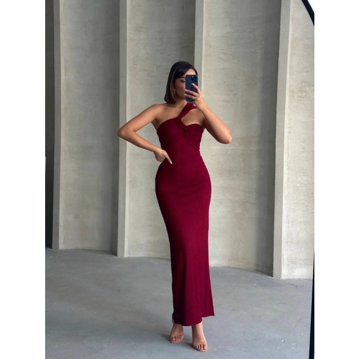 Krinkıl tek omuz uzun elbise bordo s25455