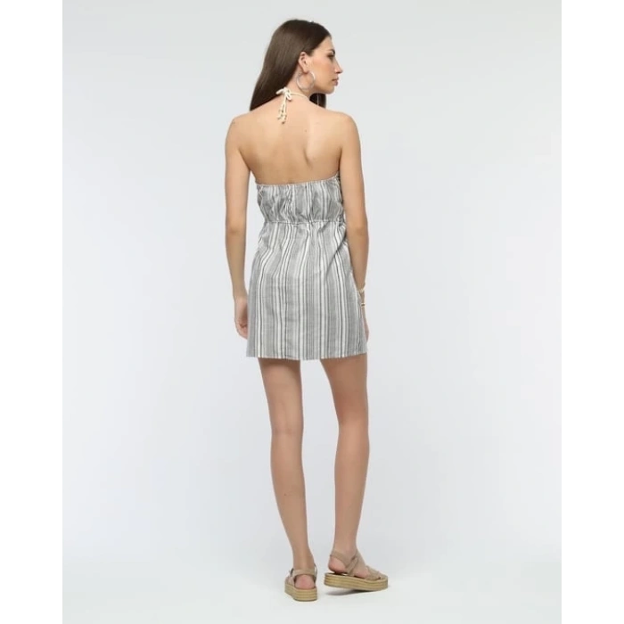 Kuşaklı çizgili mini keten elbise