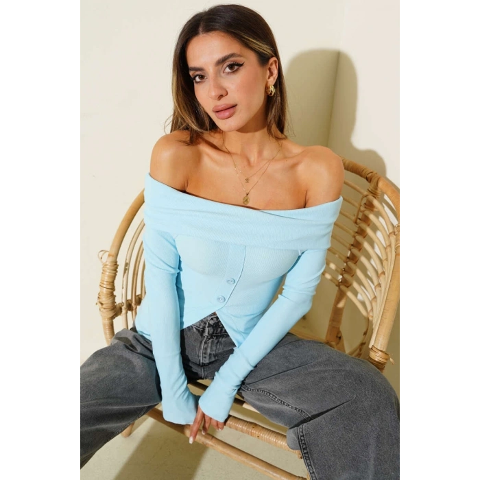Madonna Yaka Düğmeli Bluz Mavi t4329