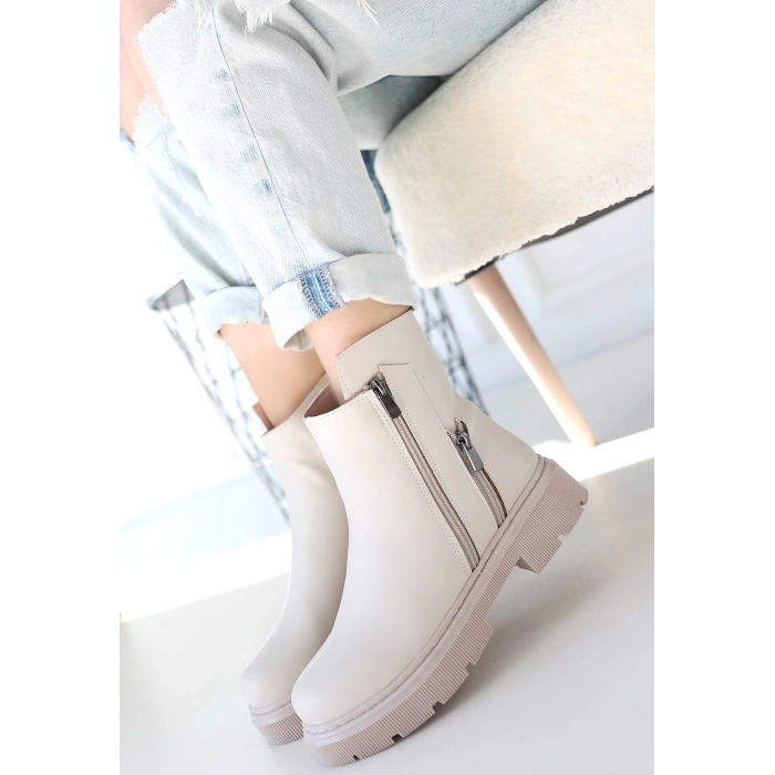 Menta Bej Cilt Fermuar Aksesuarlı Bot