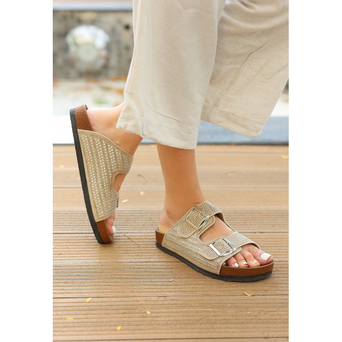 Monte Bej Nubuk Boncuk İşlemeli Terlik