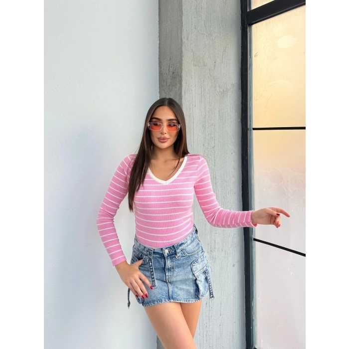 V yaka çizgili bluz pembe A3699