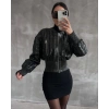 Beli büzgülü crop deri ceket siyah