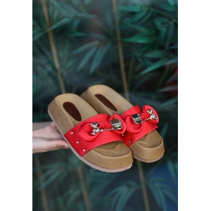 Jude Kırmızı Saten Ayıcıklı Terlik