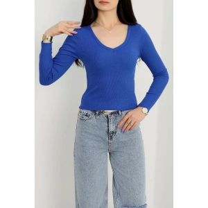 V yaka kaşkorse bluz saks mavisi a3699
